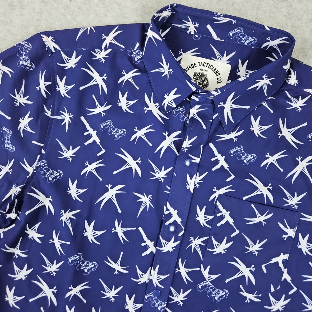 Savage Tacticians Men's Medium Blue Button Up Shirt Tactical Gun Palm Tree Print